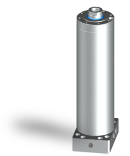 The guide pillar with the hardened surface and an integrated hydraulic cylinder. This allows precise guidance and movement of loads coupled with the piston rod without subjecting the cylinder to side loads.