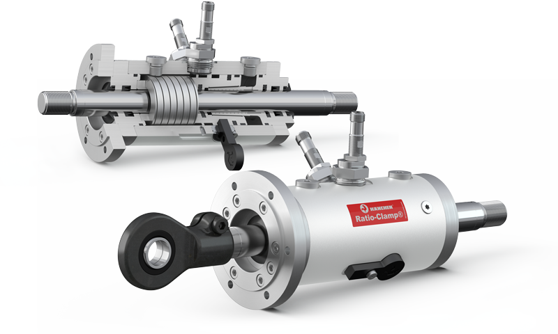 View of a halved hydraulic clamping unit for safe rod locking