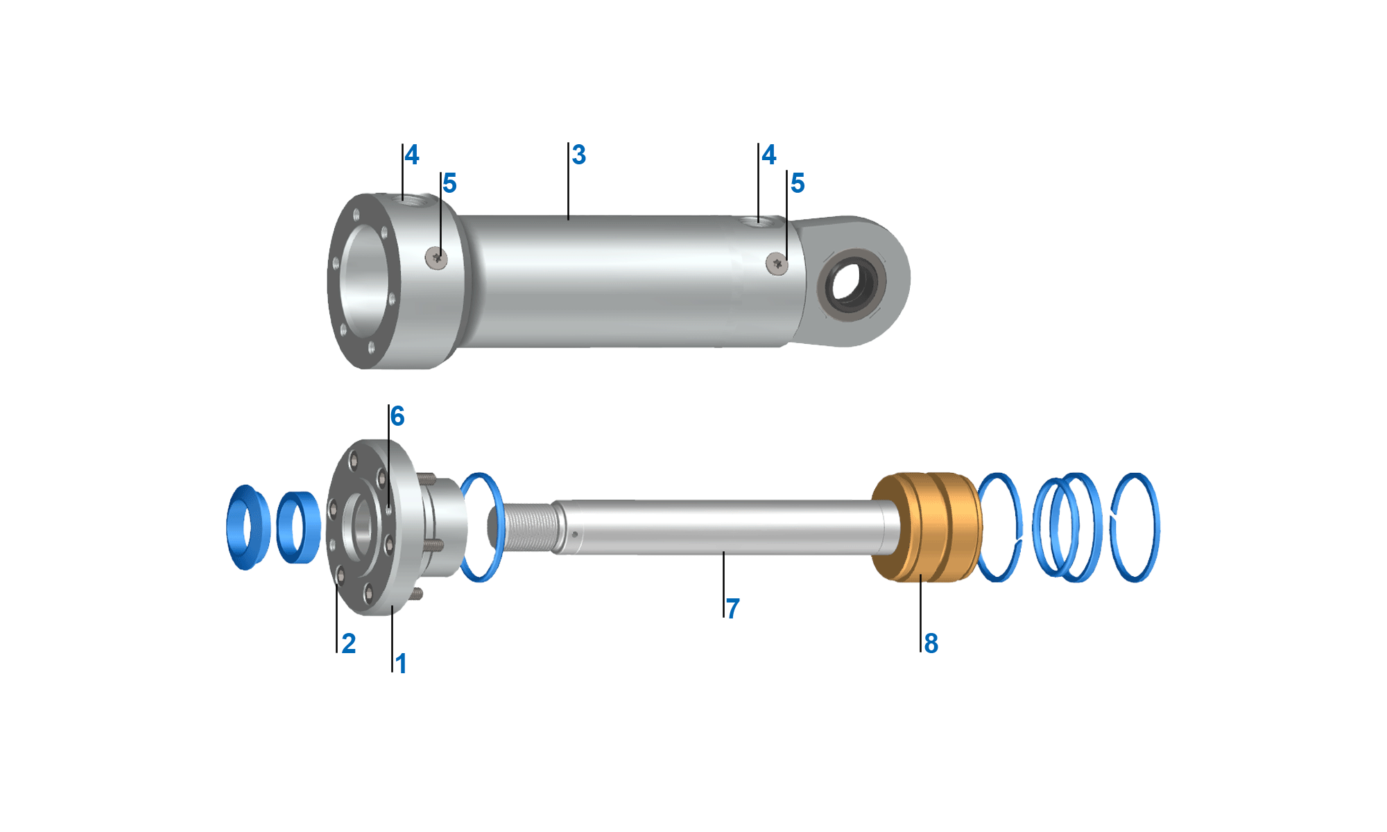Figure: components of a single-rod cylinder