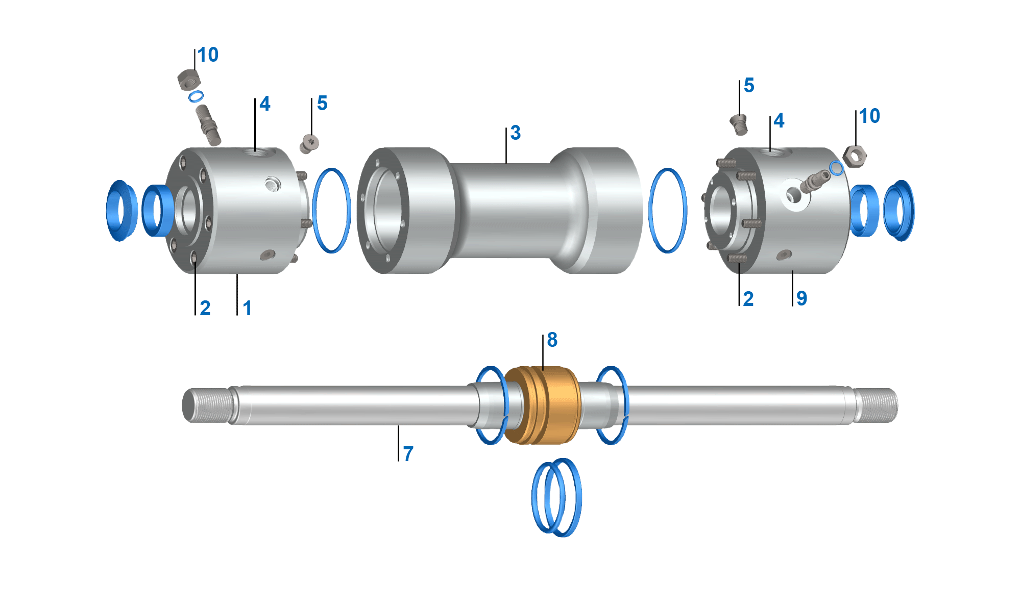 Figure: components of a single-rod cylinder (example with cushioning)